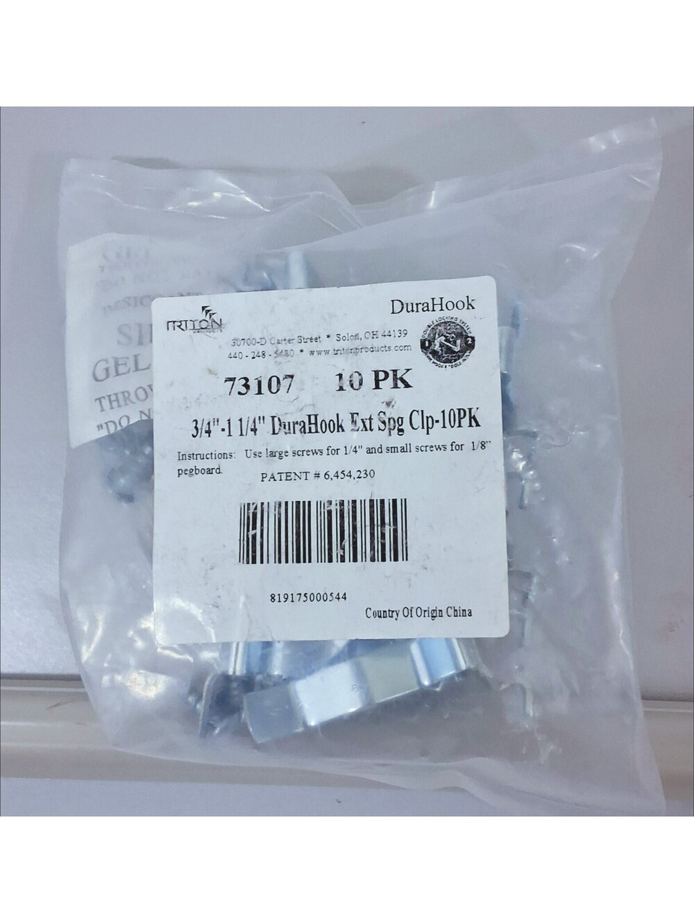 TRITON 73107 10PK DuraHook 3/4"-1 1/4" Extended Spring Clip Pegboard Hook NEW